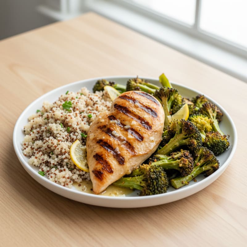 Grilled Lemon Garlic Chicken Breast with Quinoa and Roasted Broccoli