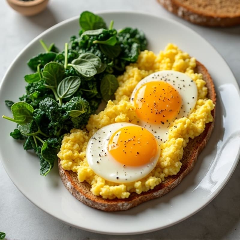 Fluffy Scrambled Eggs with Sautéed Spinach and Whole Grain Toast