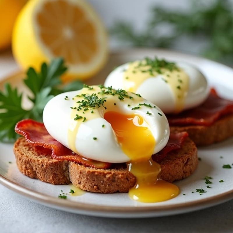Poached Eggs with Crispy Turkey Bacon and Creamy Lemon-Herb Sauce on Toasted Whole Grain