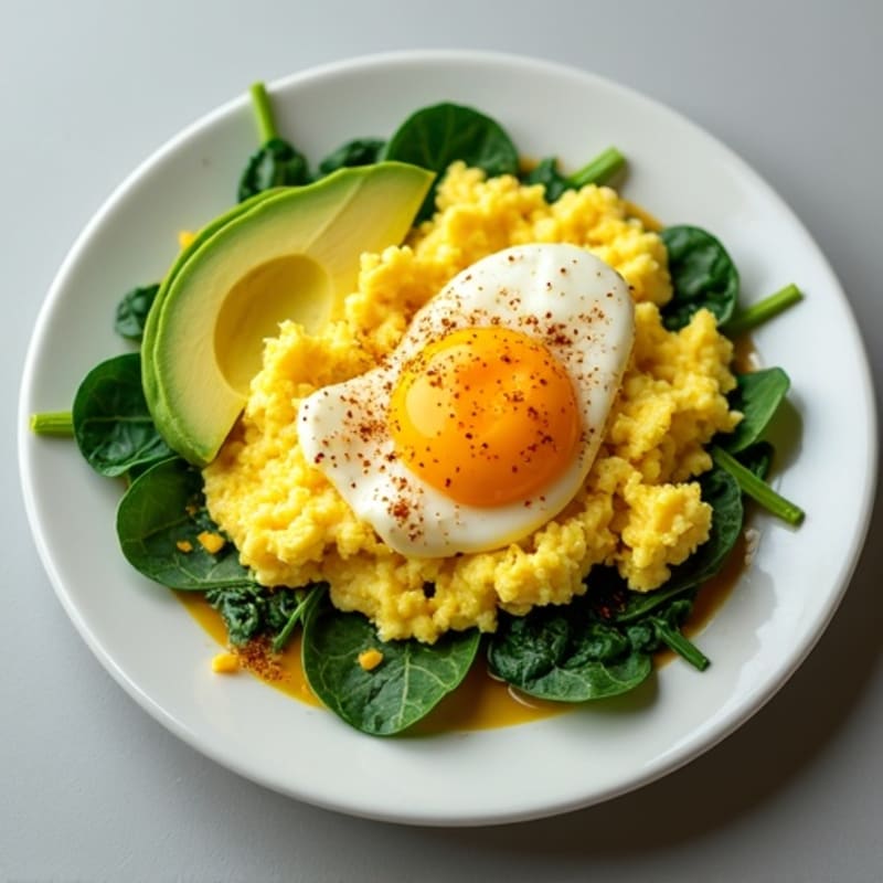 Fluffy Scrambled Eggs with Fresh Spinach and Sliced Avocado