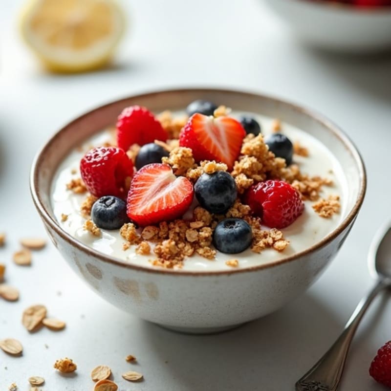 Creamy Vanilla Lemon Greek Yogurt with Fresh Berries and Crunchy Almond Crumble