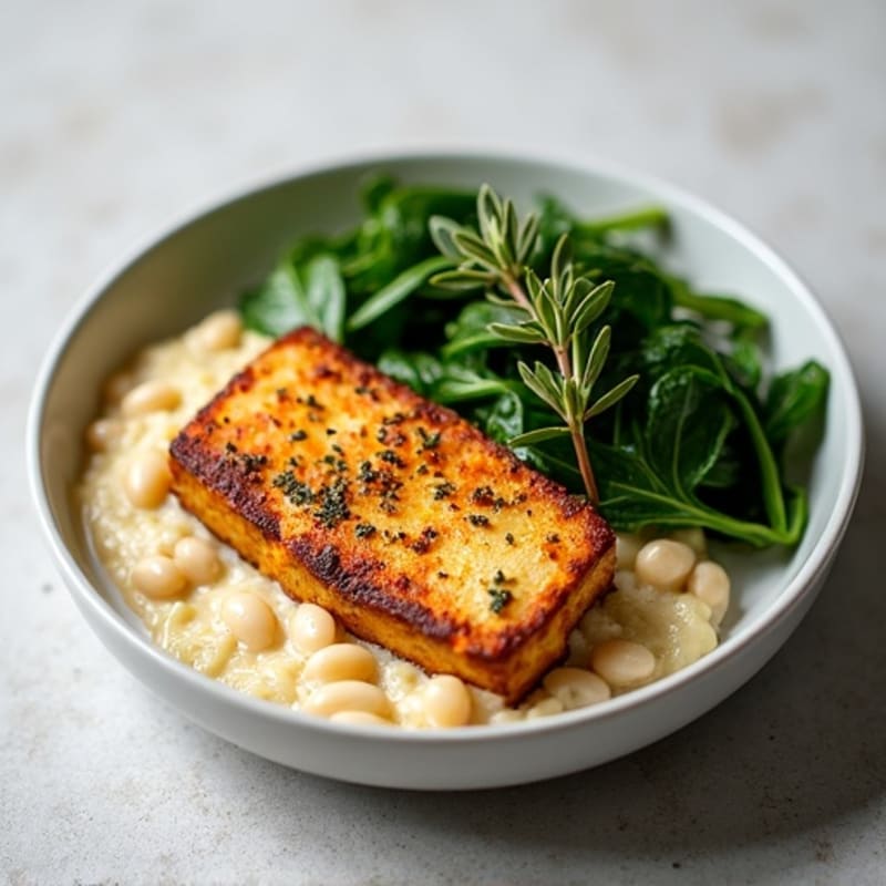 Herb-Baked Tempeh with Creamy White Bean Mash and Steamed Greens