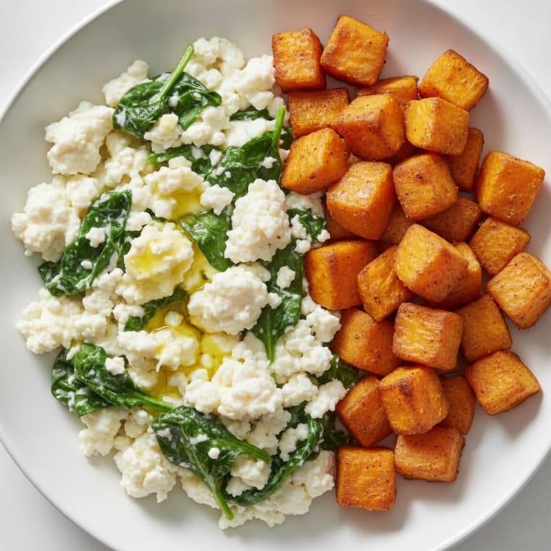 Cottage Cheese and Egg White Scramble with Spinach and Roasted Sweet Potato