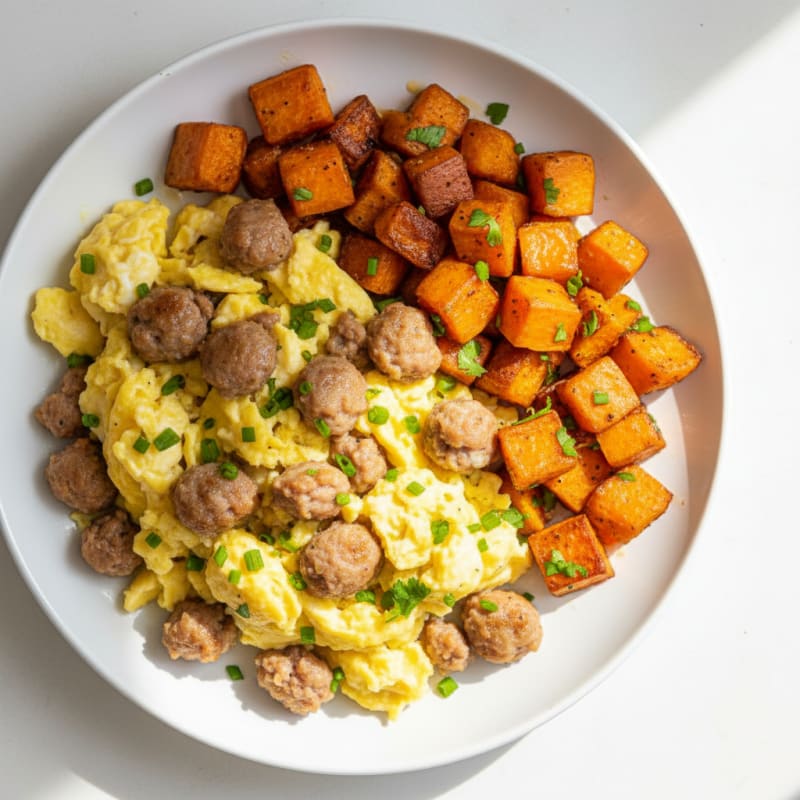Scrambled Eggs with Turkey Sausage and Roasted Sweet Potatoes