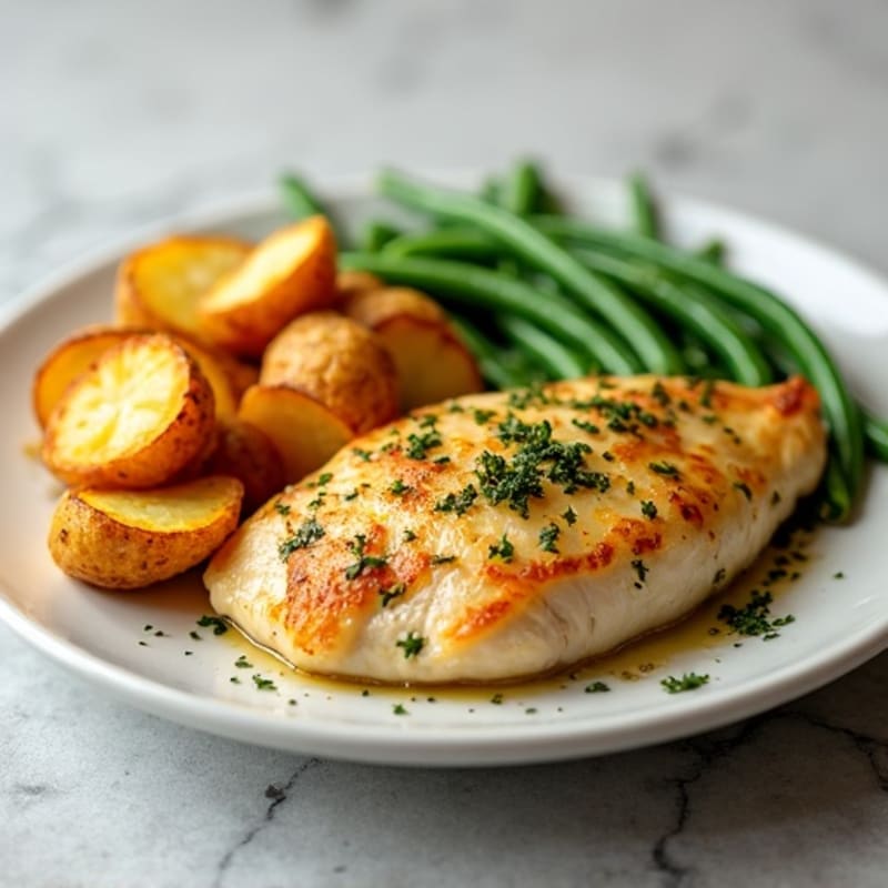 Lemon Herb Roasted Chicken Breast with Crispy Golden Potatoes and Fresh Green Beans