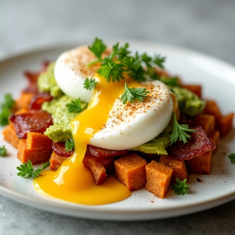 Poached Eggs with Sweet Potato Hash, Crispy Turkey Bacon, and Creamy Avocado Sauce
