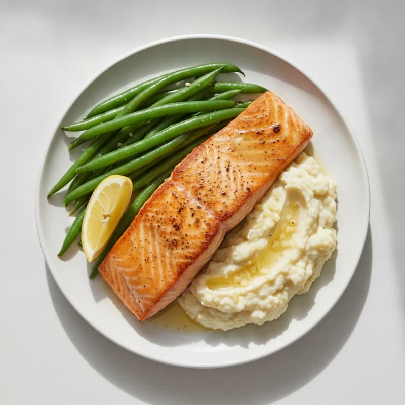 Seared Salmon with Steamed Green Beans and Garlic Mashed Cauliflower