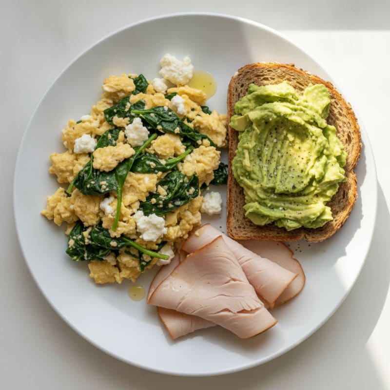 Egg White Spinach Scramble with Cottage Cheese and Sliced Turkey