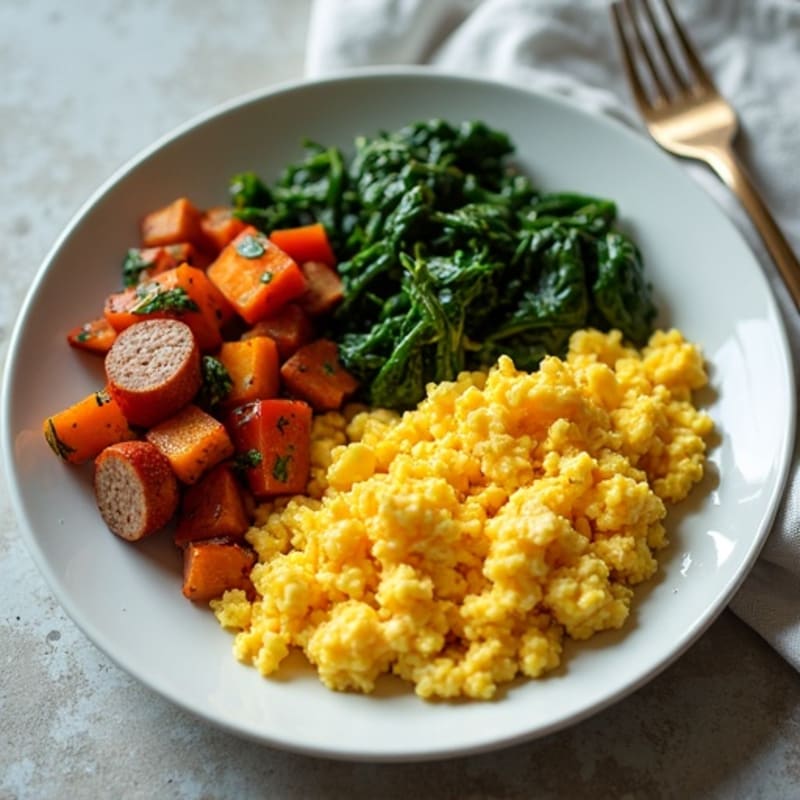 Fluffy Scrambled Eggs with Sautéed Spinach and Crispy Sweet Potato Hash