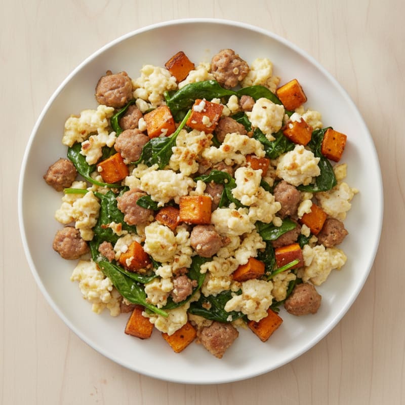Egg White and Turkey Sausage Scramble with Spinach and Sweet Potato