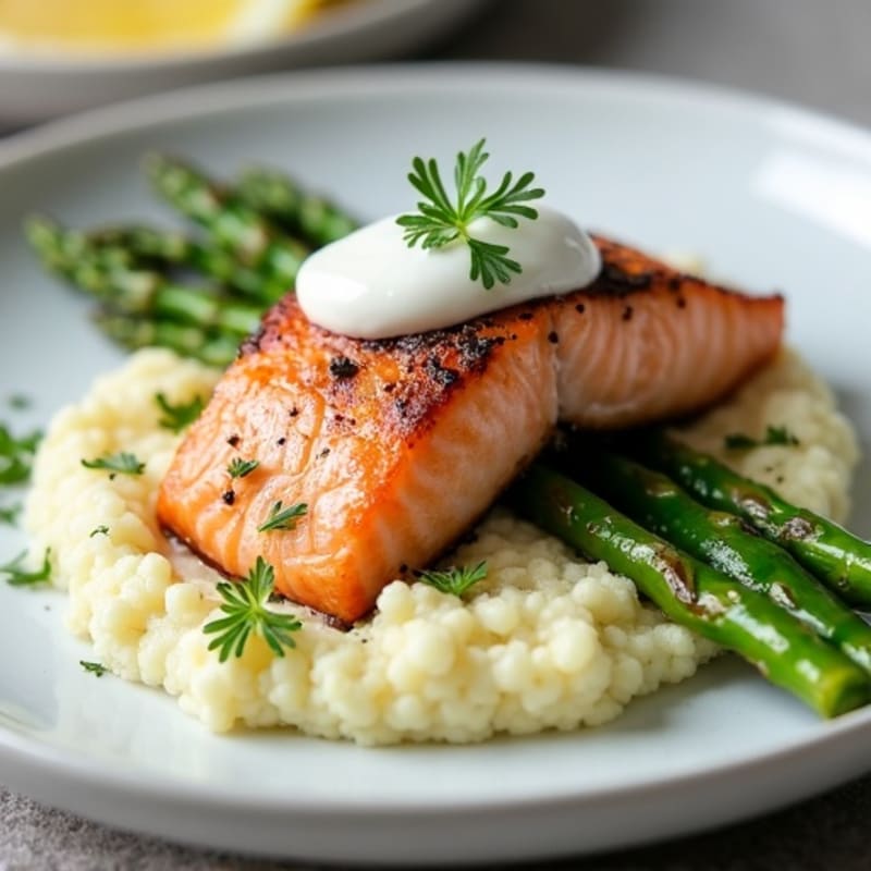 Seared Salmon with Steamed Asparagus and Cauliflower Mash