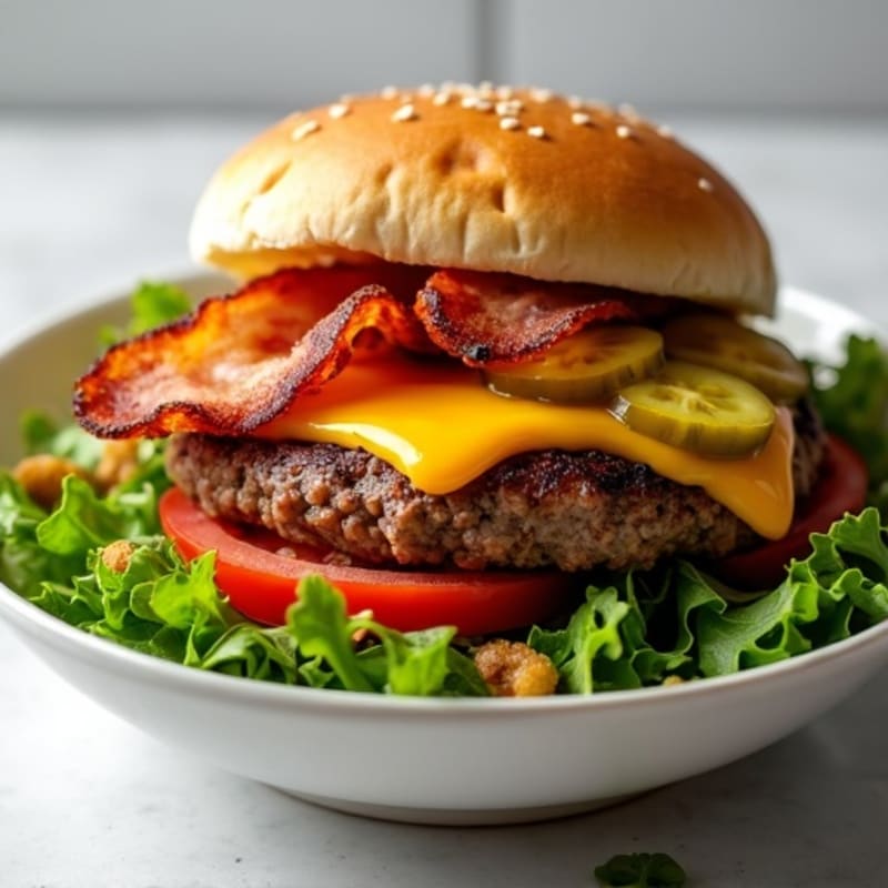 Lean Ground Beef & Crispy Bacon Cheeseburger Bowl with Fresh Greens and Tangy Pickles