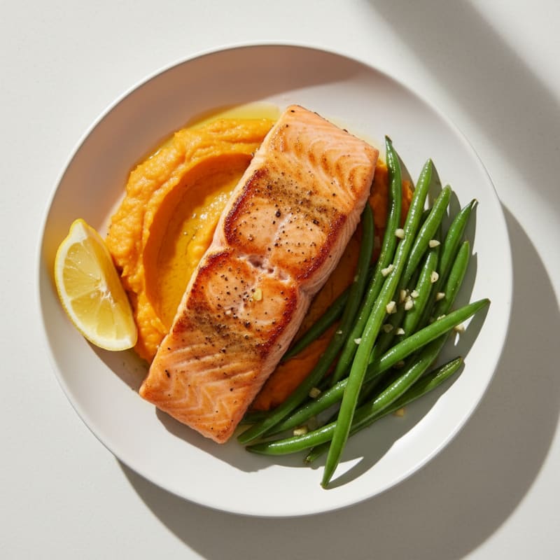 Seared Salmon with Garlic Green Beans and Sweet Potato Mash
