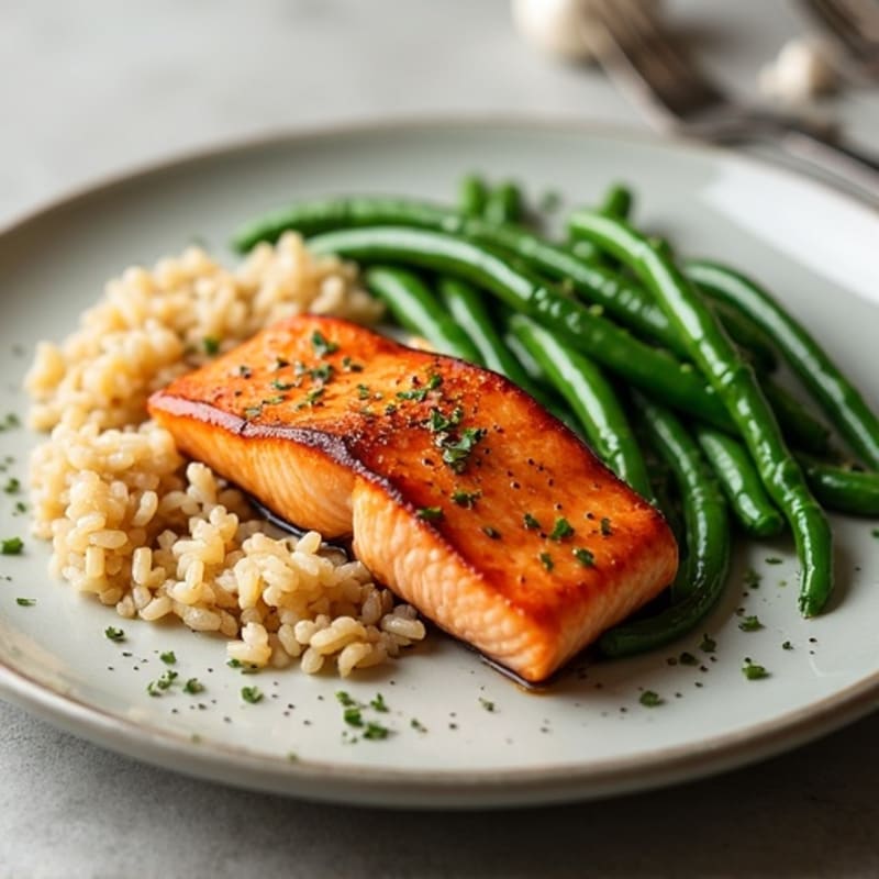 Seared Salmon with Garlic Green Beans and Brown Rice