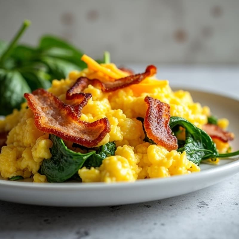 Scrambled Eggs with Crispy Bacon and Spinach