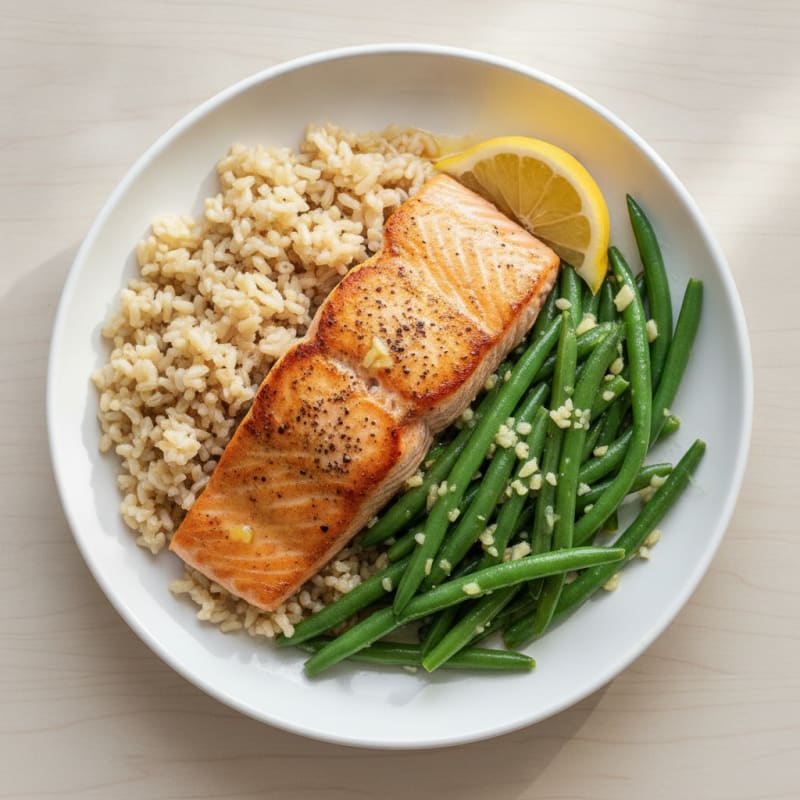 Seared Salmon with Garlic Green Beans and Brown Rice