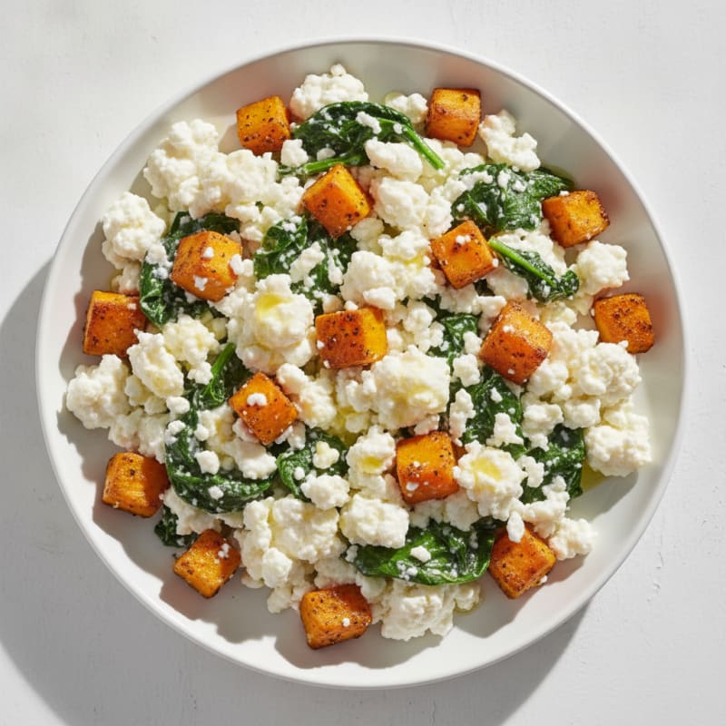 Egg White and Cottage Cheese Scramble with Spinach and Roasted Sweet Potato