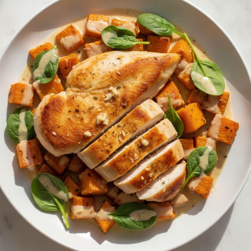 Pan-Seared Chicken with Roasted Sweet Potato and Velvety Coconut Sauce