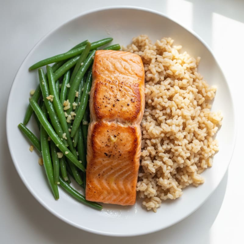 Seared Salmon with Garlic Green Beans and Brown Rice