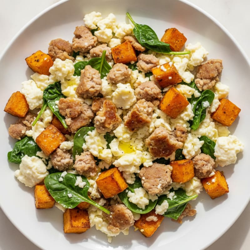 Crispy Turkey Sausage and Egg White Scramble with Roasted Sweet Potatoes