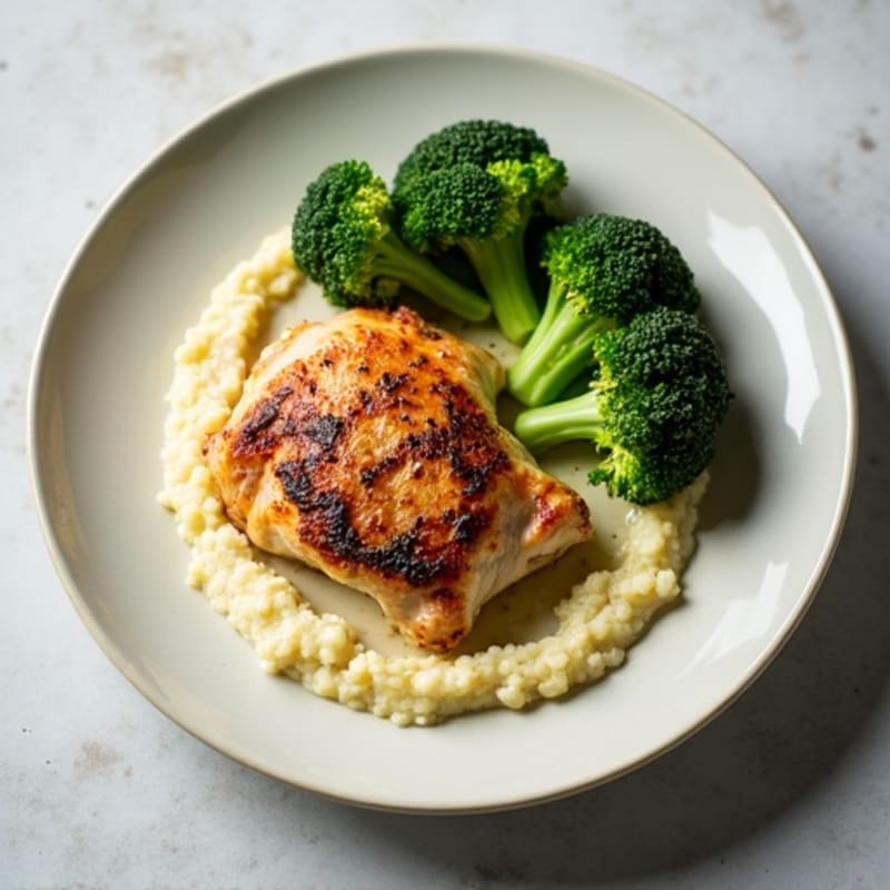 Seared Chicken Thighs with Roasted Broccoli and Cauliflower Mash