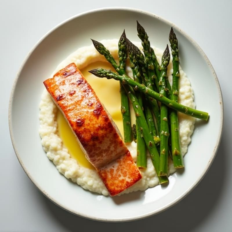 Seared Salmon with Roasted Asparagus and Cauliflower Mash