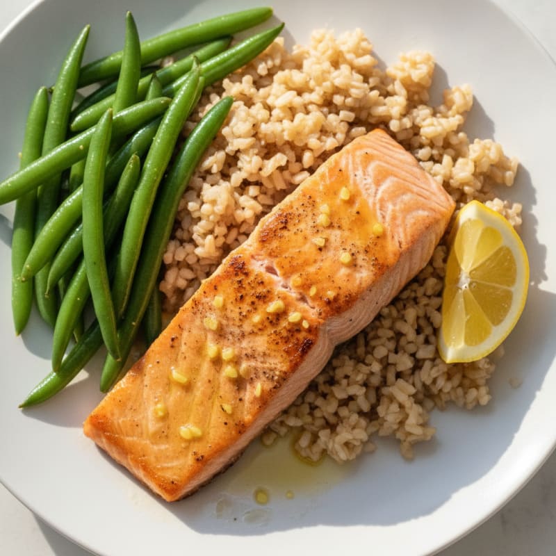 Seared Salmon with Brown Rice and Steamed Green Beans