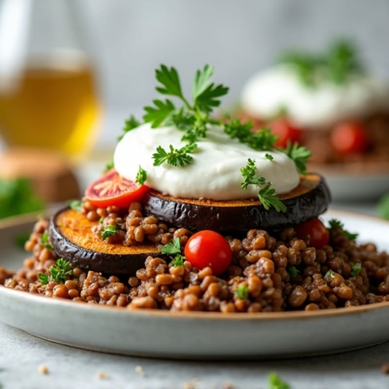 Baked Eggplant and Lean Ground Beef with Creamy Herb Topping