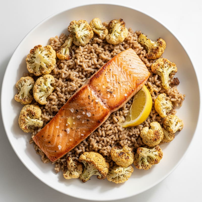 Seared Salmon Fillet with Herb-Roasted Cauliflower and Brown Rice