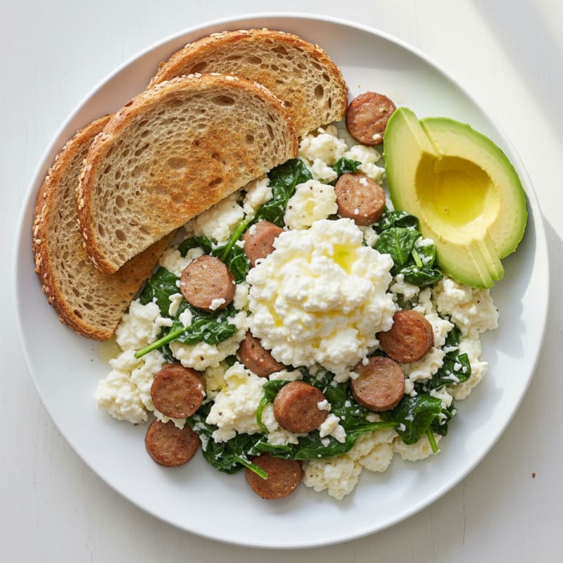 Egg White and Turkey Sausage Scramble with Spinach and Cottage Cheese