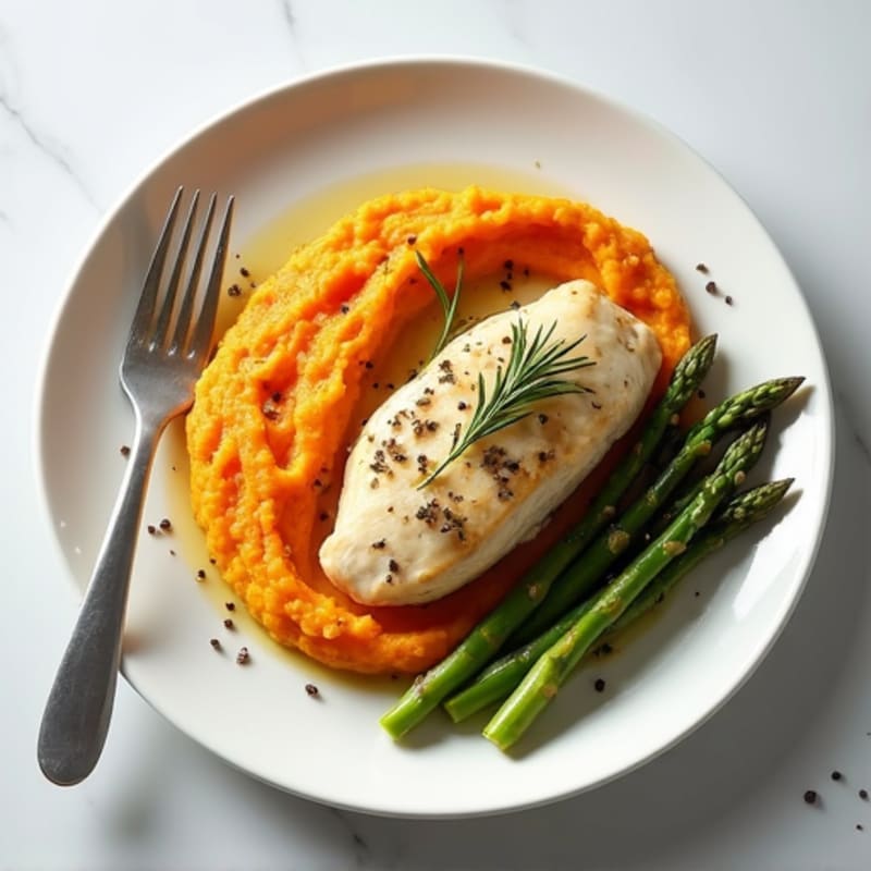 Herb-Roasted Chicken Breast with Asparagus and Sweet Potato Mash