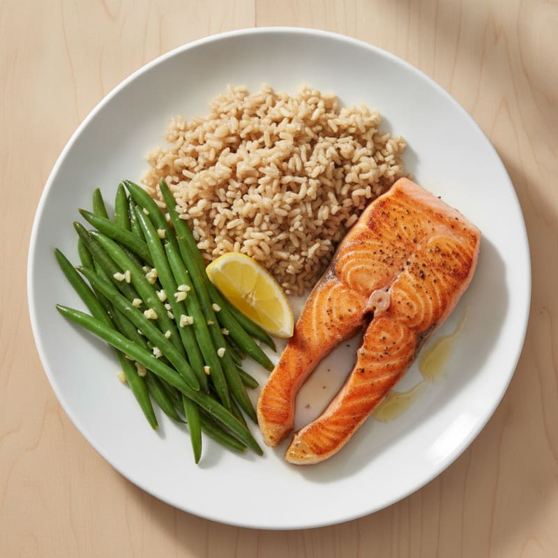 Seared Salmon Fillet with Garlic Green Beans and Brown Rice