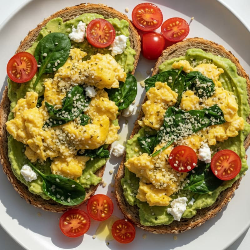 Egg and Spinach Scramble with Smashed Avocado Toast