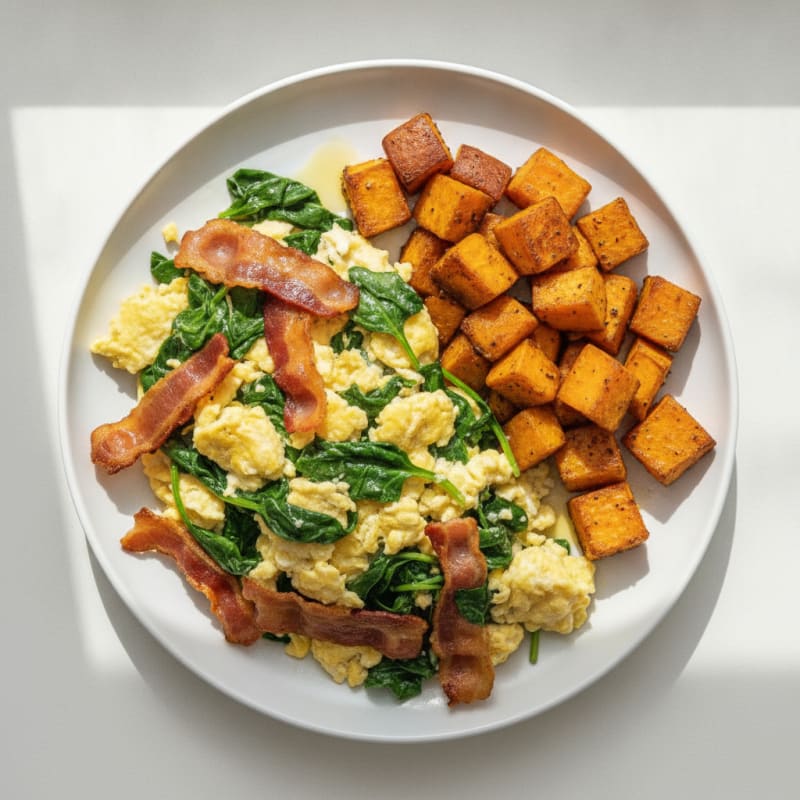 Crispy Turkey Bacon and Spinach Egg Scramble with Roasted Sweet Potato