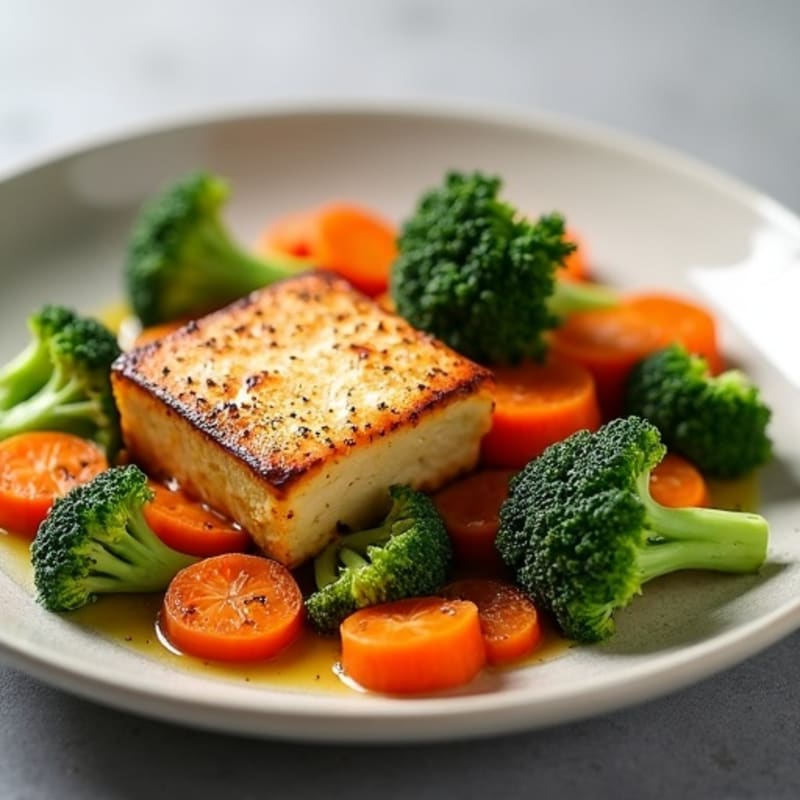 Seared Tofu with Roasted Broccoli and Carrot Medley