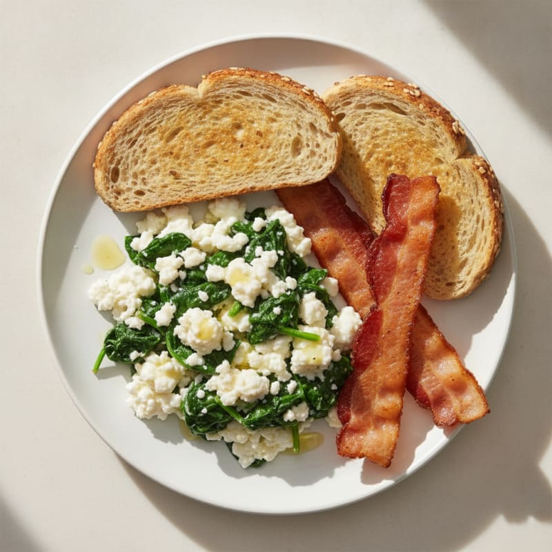 Egg White and Cottage Cheese Scramble with Spinach and Turkey Bacon