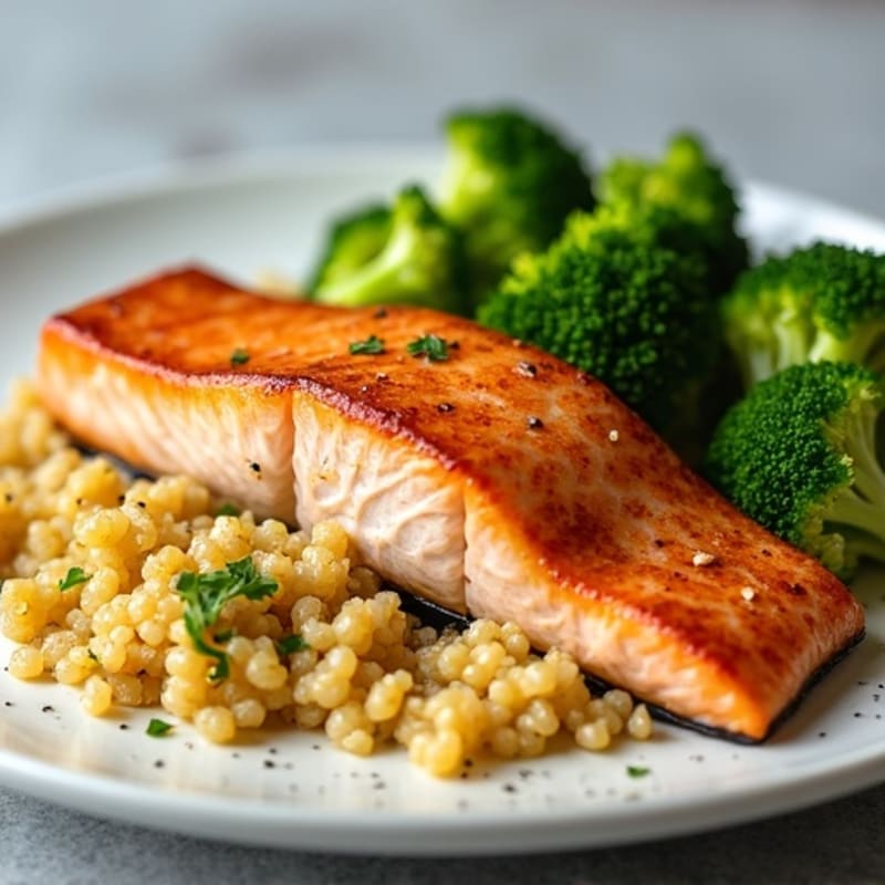 Seared Salmon with Steamed Broccoli and Lemon Quinoa