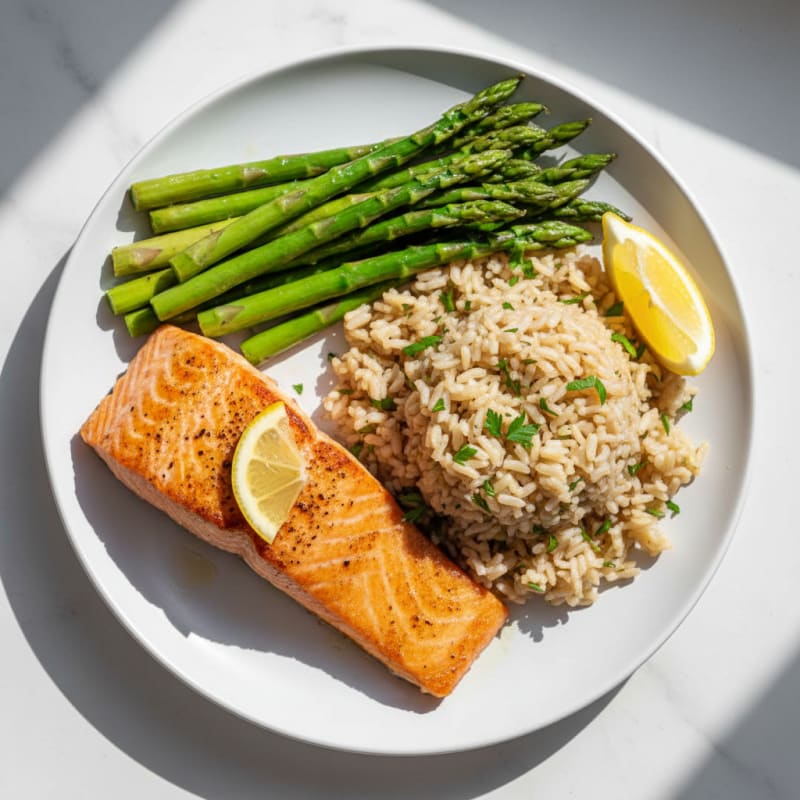 Seared Salmon Fillet with Steamed Asparagus and Herbed Brown Rice