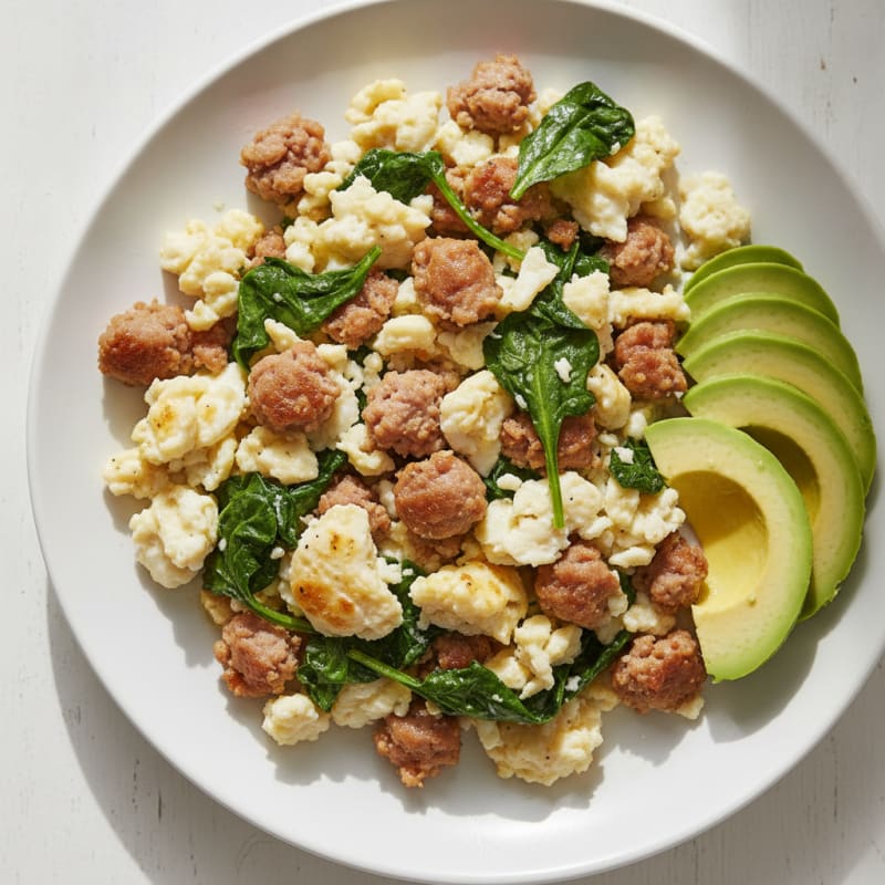Scrambled Egg Whites with Turkey Sausage and Sautéed Spinach