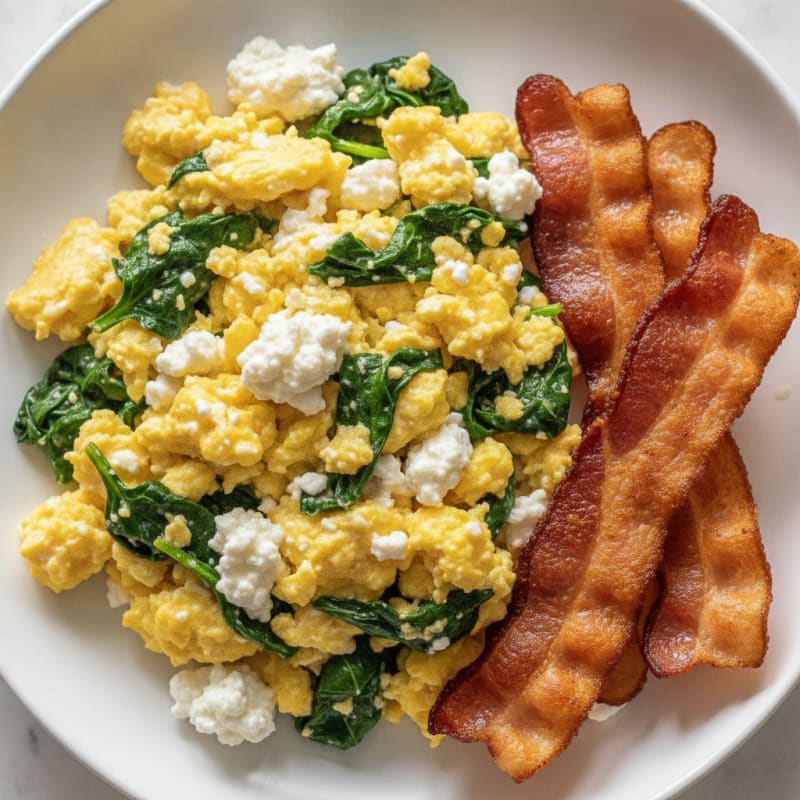 Cottage Cheese Egg Scramble with Spinach and Turkey Bacon
