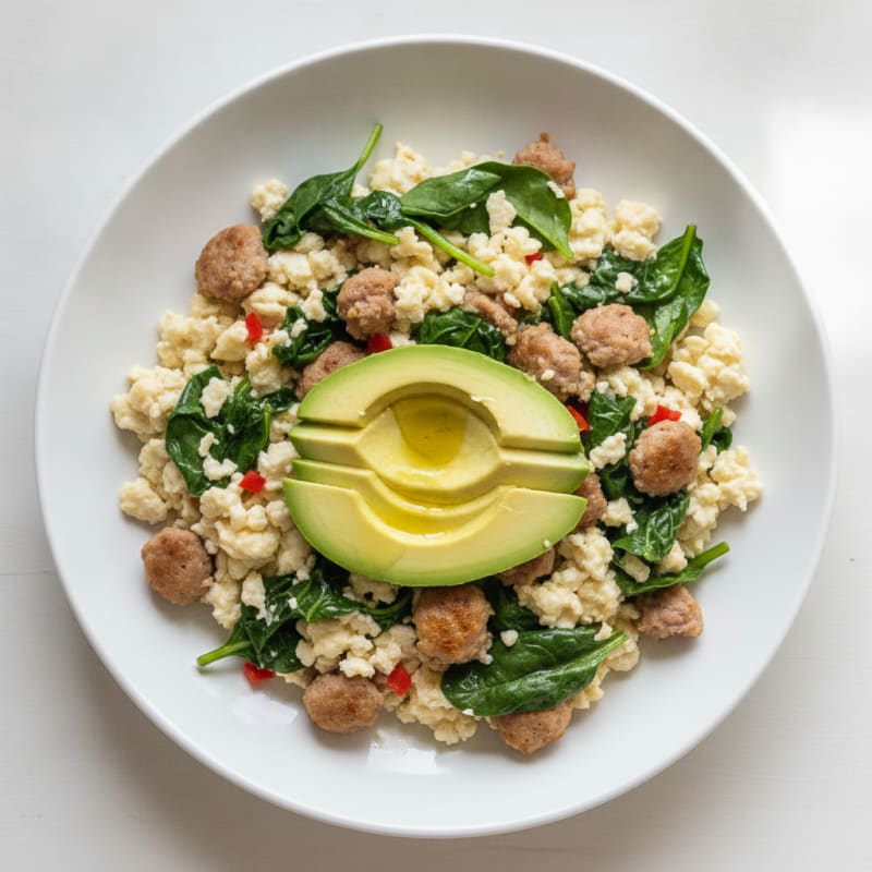 Egg White Scramble with Turkey Sausage and Sautéed Spinach