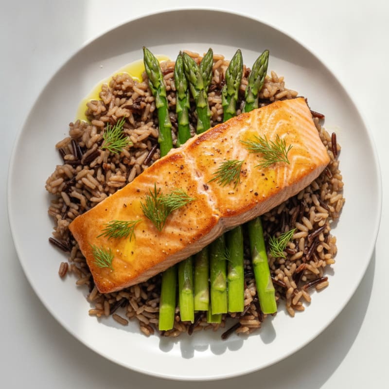 Seared Salmon with Steamed Asparagus and Wild Rice