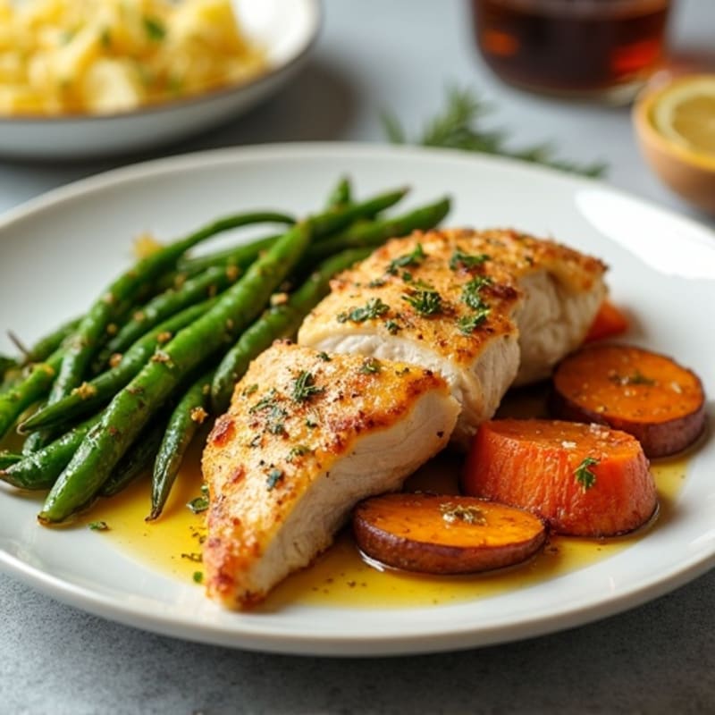 Lemon-Herb Roasted Chicken with Crispy Roasted Sweet Potatoes and Green Beans