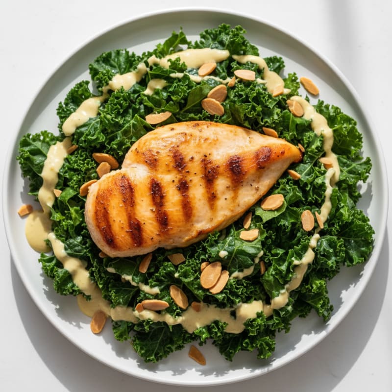 Grilled Chicken Breast with Crunchy Kale Salad and Lemon Tahini Dressing