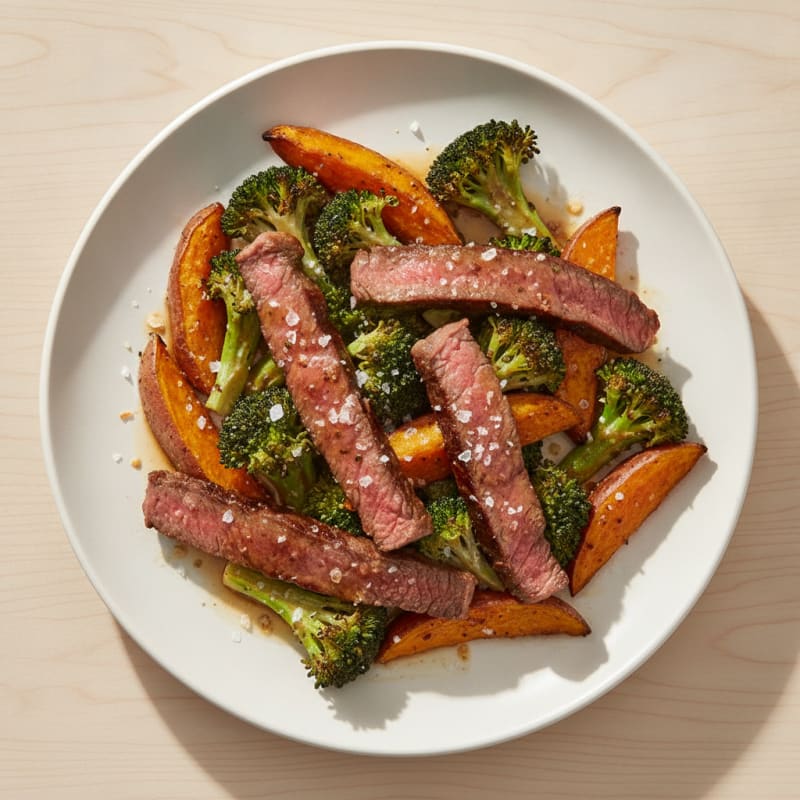 Seared Beef Strips with Roasted Broccoli and Sweet Potato