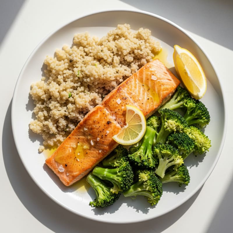 Seared Salmon Filet with Steamed Broccoli and Quinoa