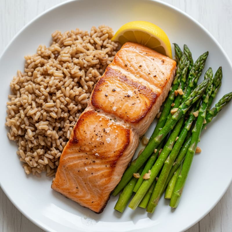 Seared Salmon Fillet with Roasted Asparagus and Brown Rice
