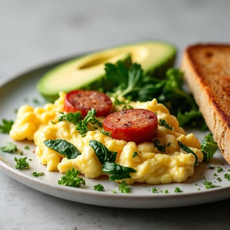 Egg White and Turkey Sausage Scramble with Sautéed Spinach, Toast, and Avocado