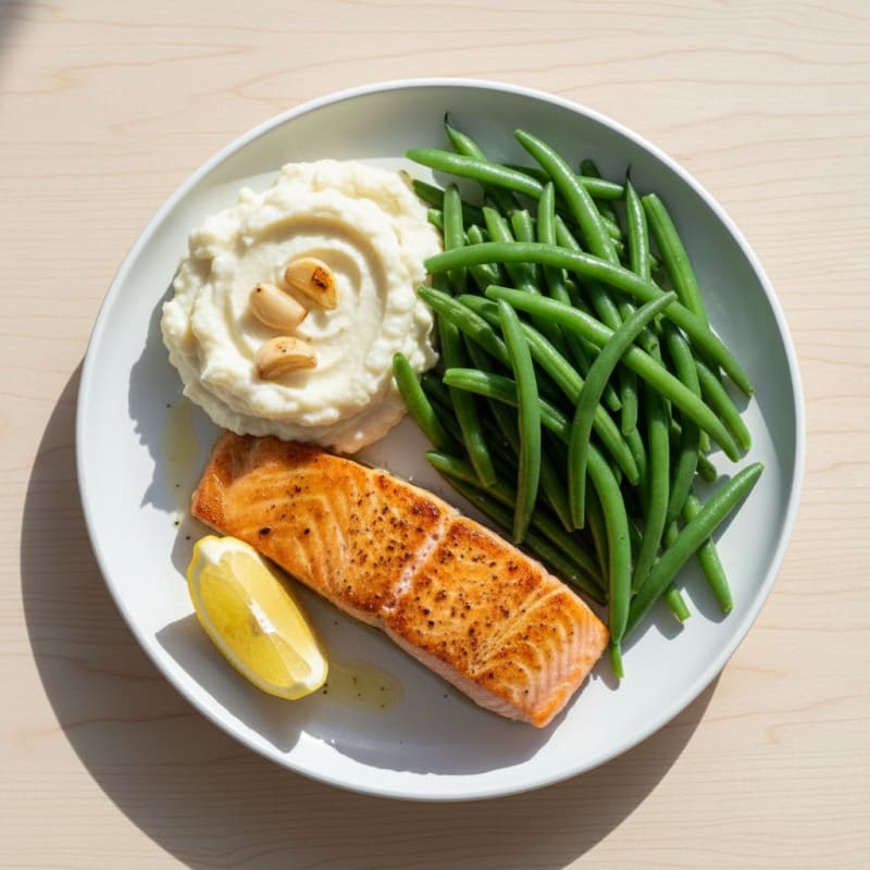 Seared Salmon with Steamed Green Beans and Garlic Cauliflower Mash