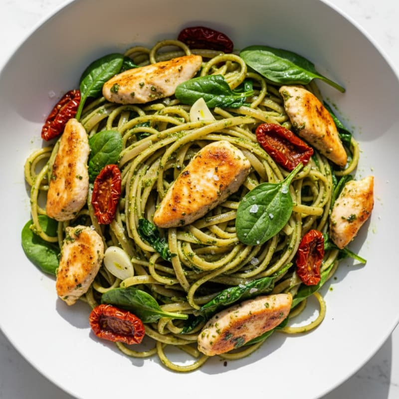 Pesto Chicken Linguine with Sun-Dried Tomatoes